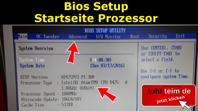 Windows 10 - Bios Setup CPU Übersicht Advanced UEFI Version Prozessor Processor