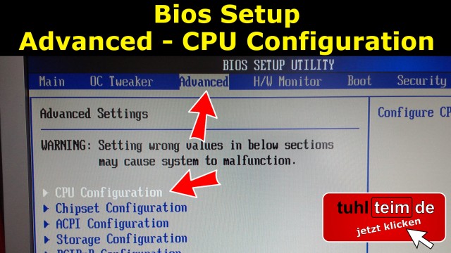 Windows 10 - Bios Setup CPU Configuration Chipset ACPI Advanced UEFI Version Prozessor Processor