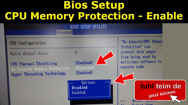 Windows 10 - Bios Setup CPU Configuration Execute Memory Protection Enabled Disabled