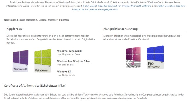 Windows 10 DVD original oder gefälscht - Sicherheitsmerkmale vergleichen - Microsoft Etiketten - Quelle: Microsoft