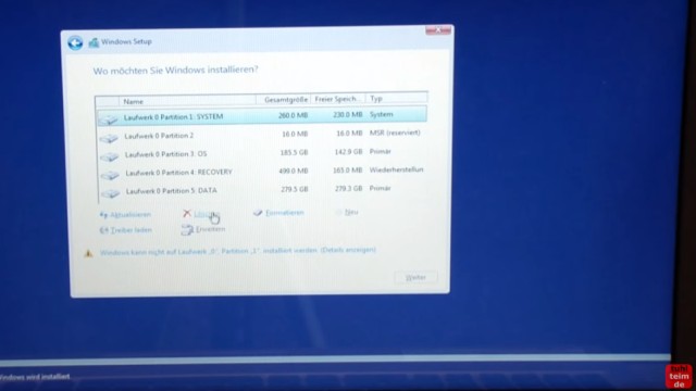 Windows 10 Festplatte SSD - Partitionen löschen - formatieren - neu anlegen - zu löschende Partition anklicken und auf "Löschen" klicken