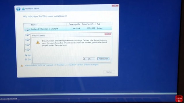 Windows 10 Festplatte SSD - Partitionen löschen - formatieren - neu anlegen - Sicherheitsabfrage mit "OK" bestätigen
