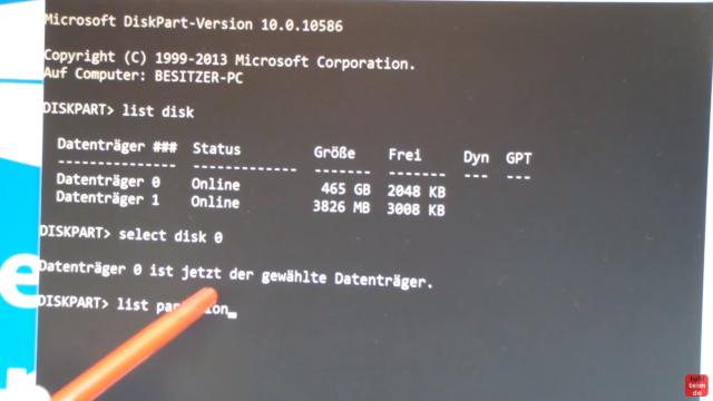 Windows 10 Wiederherstellungspartition löschen (450MB) mit DISKPART Partition löschen - select disk wählt die Festplatte mit der WHP aus