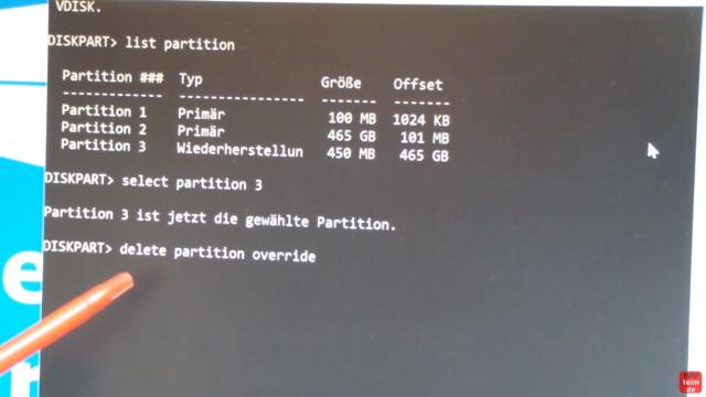 Windows 10 Wiederherstellungspartition löschen (450MB) mit DISKPART Partition löschen - delete partition override löscht unwiderruflich die WHP