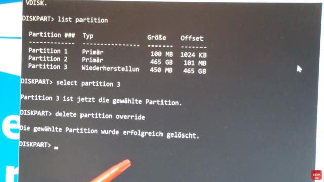 Windows 10 Wiederherstellungspartition löschen (450MB) mit DISKPART Partition löschen - die gewählte Partition wurde erfolgreich gelöscht