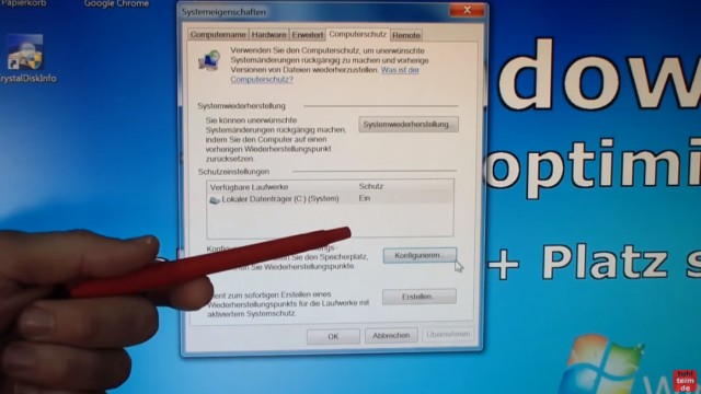 Windows 7 für SSD optimieren und einstellen - Win7 schneller machen und Platz sparen - Computerschutz in Systemeigenschaften deaktivieren