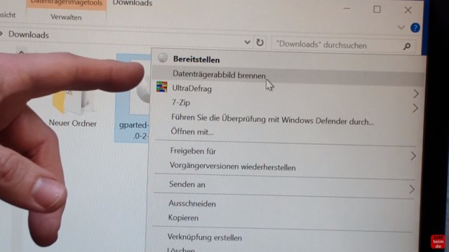 Windows 7 und 10 Partitionen verwalten + verkleinern - GParted - nicht verschiebbare Dateien - GParted Live ISO Datei auf CD oder DVD brennen (Datenträgerabbild)