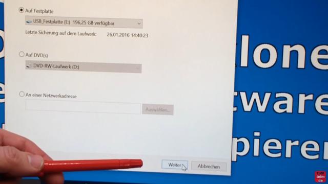 Windows 10 Festplatte klonen auf SSD oder HDD [Teil 1] Zielfestplatte gleich groß oder größer - die externe USB-Festplatte wurde gefunden - auf Weiter klicken