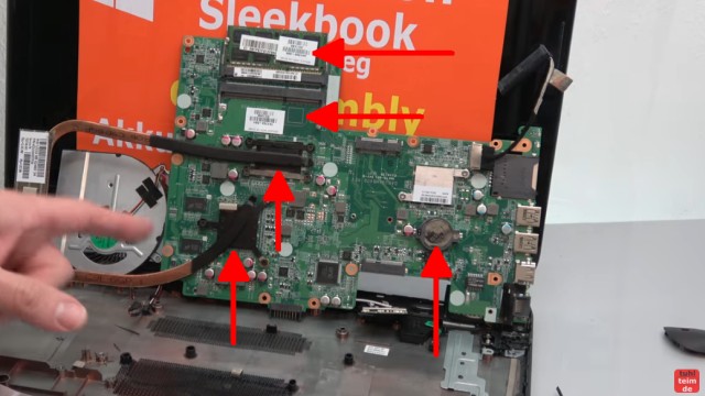 HP Pavilion Sleekbook 15 Notebook öffnen HDD SSD RAM Lüfter CMOS tauschen - Mainboard ausbauen und CMOS-Batterie, RAM und Wärmeleitpaste wechseln