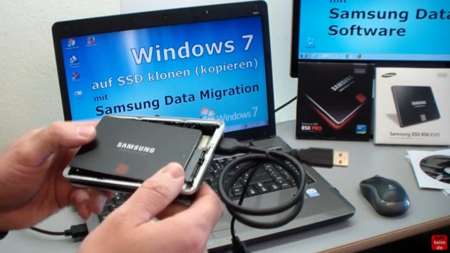 Windows 7 auf Samsung SSD Evo klonen mit Samsung Data Migration Software - schließt die SSD, auf die geklont werden soll, an einen USB-Adapter an oder baut sie in ein USB-Gehäuse ein