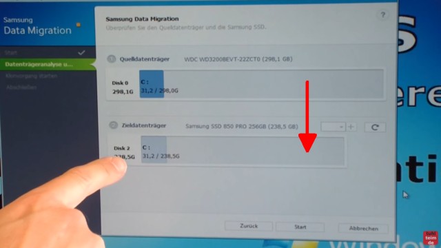 Windows 7 auf Samsung SSD Evo klonen mit Samsung Data Migration Software - alte Platte/SSD (oben) auf neue SSD (unten) klonen und ggf. verkleinern