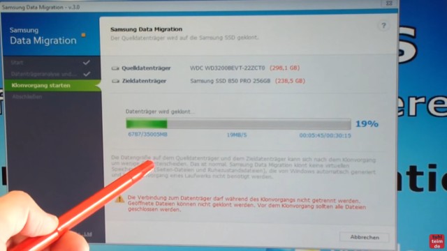 Windows 7 auf Samsung SSD Evo klonen mit Samsung Data Migration Software - Klonen ist gestartet und Fortschritt wird angezeigt