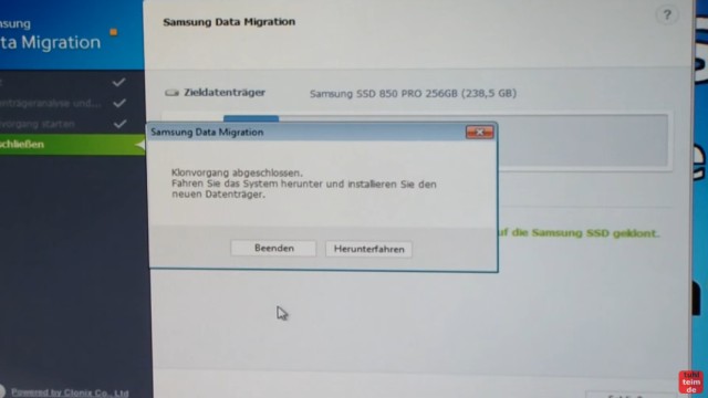 Windows 7 auf Samsung SSD Evo klonen mit Samsung Data Migration Software - Klonvorgang abgeschlossen