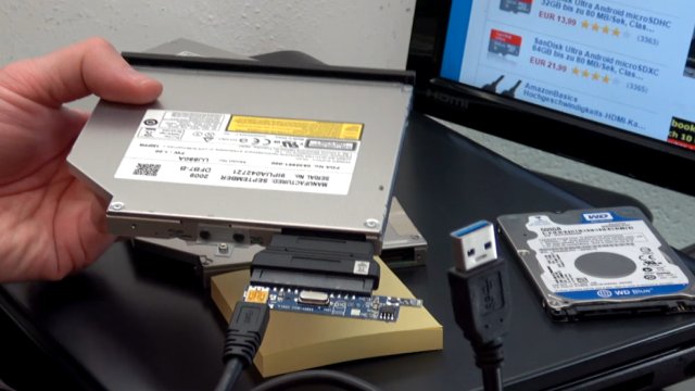 Notebook DVD Laufwerk extern an USB oder in PC einbauen an SATA - optisches Laufwerk mit Adapter auf USB3.0
