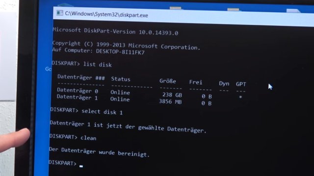 Windows USB-Stick erstellen und bootfähig machen zum Installieren Windows 10 7 8 - mit dem diskpart.exe-Befehl "clean" den USB-Stick löschen