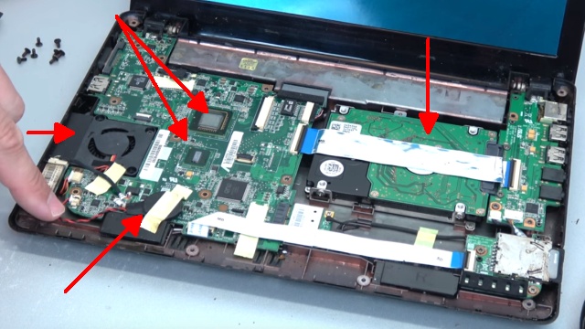 Asus eeePC Netbook / Laptop öffnen - HDD SSD RAM Lüfter Tastatur tauschen - reparieren - Mainboard mit Komponenten
