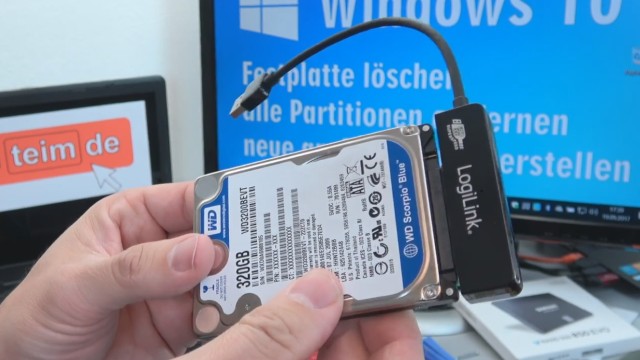 Windows 10 - Festplatte löschen - alle geschützten Partitionen entfernen ohne Extrasoftware - Festplatte/SSD mit SATA-Adapter an USB anschließen