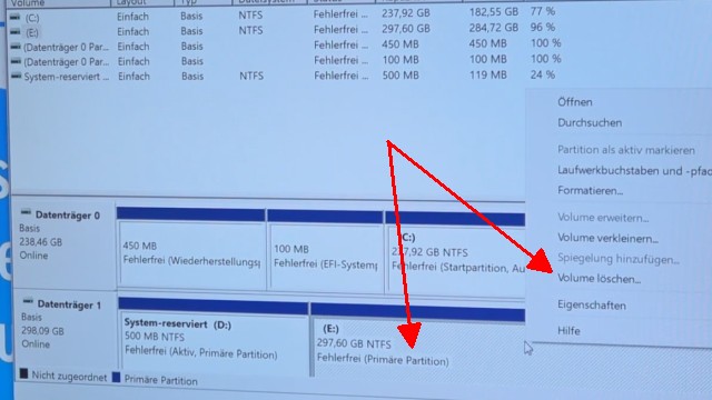 Windows 10 - Festplatte löschen - alle geschützten Partitionen entfernen ohne Extrasoftware - normale Partitionen mit "Volume löschen" löschen