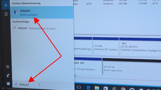 Windows 10 - Festplatte löschen - alle geschützten Partitionen entfernen ohne Extrasoftware - startet diskpart über das Suchfeld