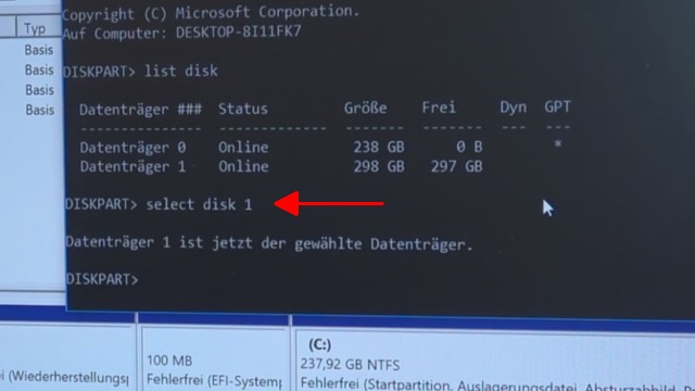 Windows 10 - Festplatte löschen - alle geschützten Partitionen entfernen ohne Extrasoftware - mit "select disk" die zu löschende Festplatte/SSD auswählen