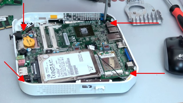 Acer Aspire Revo mini PC öffnen + Festplatte SSD ausbauen | Lüfter RAM CMOS - vier Mainboard-Schrauben entfernen