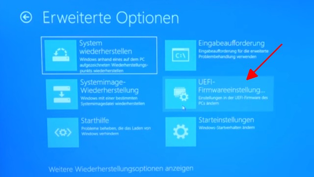 Lenovo Notebook BIOS starten - aufrufen mit Büroklammer - "Erweiterte Optionen" von Windows 10 UEFI-Firmwareeinstellungen