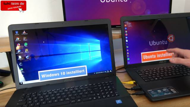 Windows 10 gegen Ubuntu 17 Linux Test auf identischen neuen UEFI Notebooks - Windows 10 (links) und Ubuntu 17.10 (rechts)