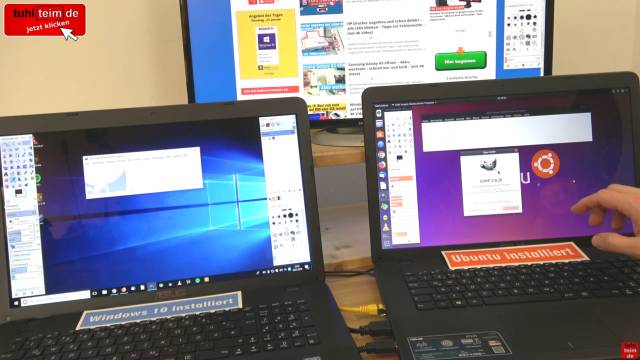 Windows 10 gegen Ubuntu 17 Linux Test auf identischen neuen UEFI Notebooks - Gimp 2 auf beiden Betriebssystemen gleich