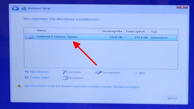 Windows 10 lässt sich nicht installieren auf HDD oder SSD - einfache Lösung - Dynamische Partition gefunden