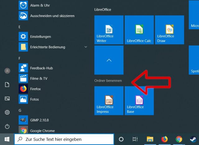 Ordner in Start in Windows 10 erstellen - Ordner benennen - Namen ändern