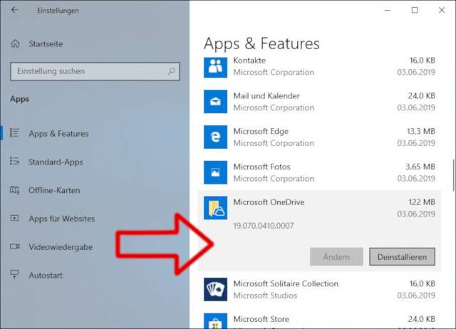 Microsoft OneDrive löschen in Windows 10 - Apps & Features