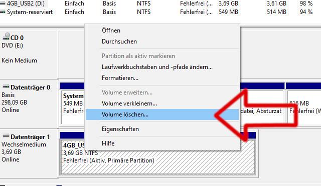 Windows 10 - Datenträgerverwaltung Volume löschen