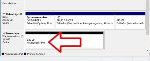 Windows 10 - Datenträgerverwaltung - Speicherplatz nicht zugeordnet