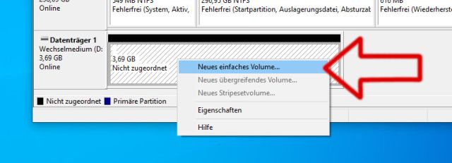 Windows 10 - Datenträgerverwaltung - Neues einfaches Volume