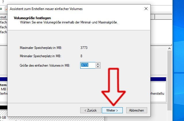 Windows 10 - Datenträgerverwaltung - Größe des einfachen Volumes