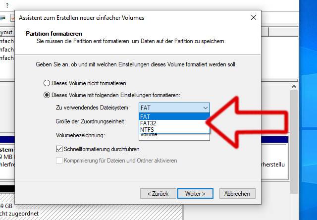 Windows 10 - Datenträgerverwaltung - Partition formatieren NTFS FAT FAT32