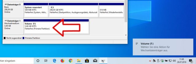 Windows 10 - Datenträgerverwaltung - neues Volume erstellt - Laufwerksbuchstabe F
