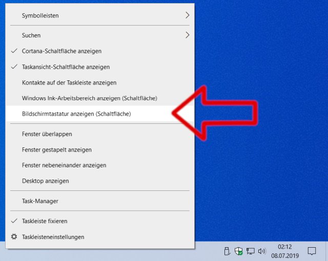 Windows 10 Bildschirmtastatur anzeigen (Schaltfläche)