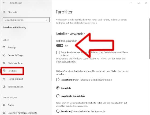 Windows 10 Farbfilter aktivieren und deaktivieren - Graustufe eingeschaltet