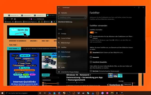 Windows 10 Farbfilter aktivieren und deaktivieren - invertierte Darstellung