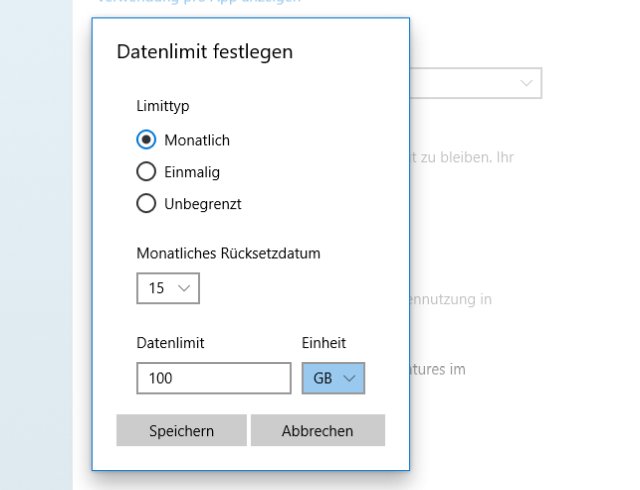 Windows 10 - Netzwerkeinstellungen und Datennutzung - Datenlimit festlegen