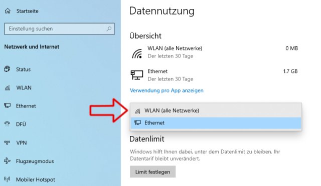 Windows 10 - Netzwerkeinstellungen und Datennutzung - WLAN und Ethernet