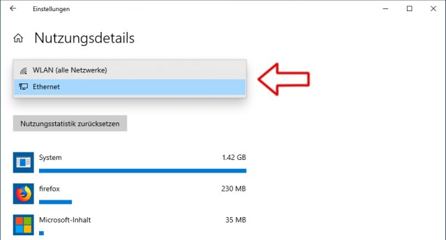 Windows 10 - Netzwerkeinstellungen und Datennutzung - Nutzungsstatistik