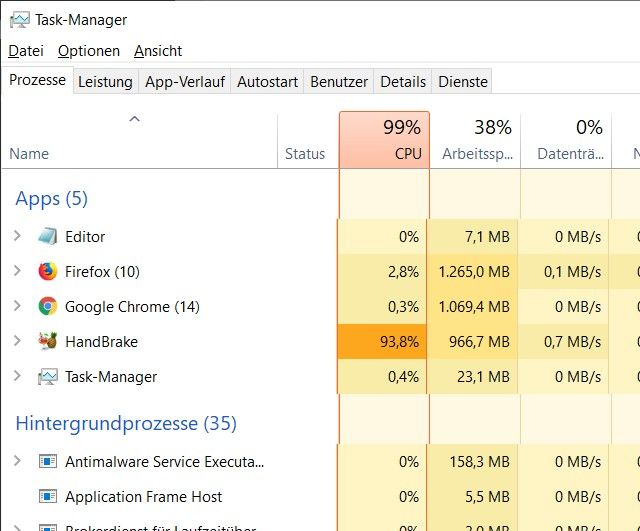 Windows 10 CPU Auslastung anzeigen - Auslastung ist 99%