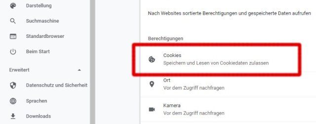 Google Chrome - Berechtigungen Cookies speichern