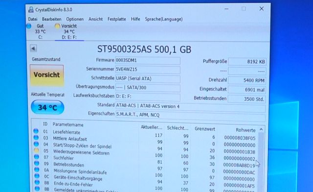 Windows 10 Bluescreen mit defekter Festplatte - CrystalDiskinfo liest SMART aus