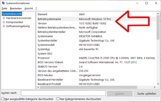Windows 10 - Systeminformationen anzeigen und prüfen - Windows 10 Pro Build