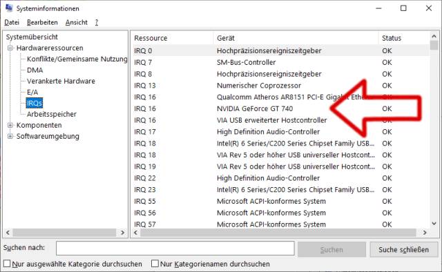 Windows 10 - Systeminformationen anzeigen und prüfen - IRQ der Nvidia GeForce Grafikkarte