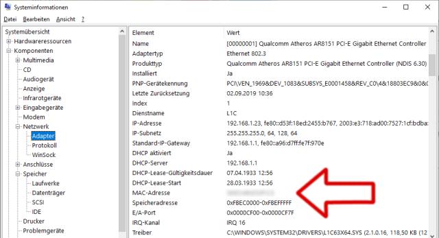 Windows 10 - Systeminformationen anzeigen und prüfen - Netzwerkkarte IP-Adresse MAC