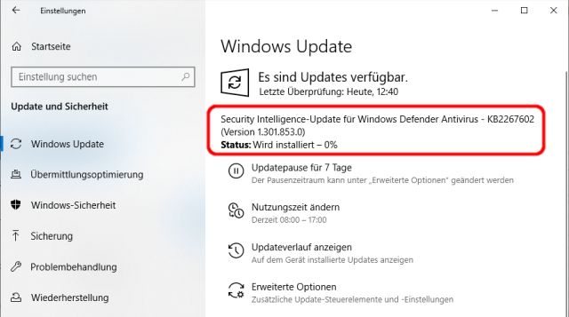 Windows 10 Updates anhalten - Security Intelligence-Update für Windows Defender Antivirus